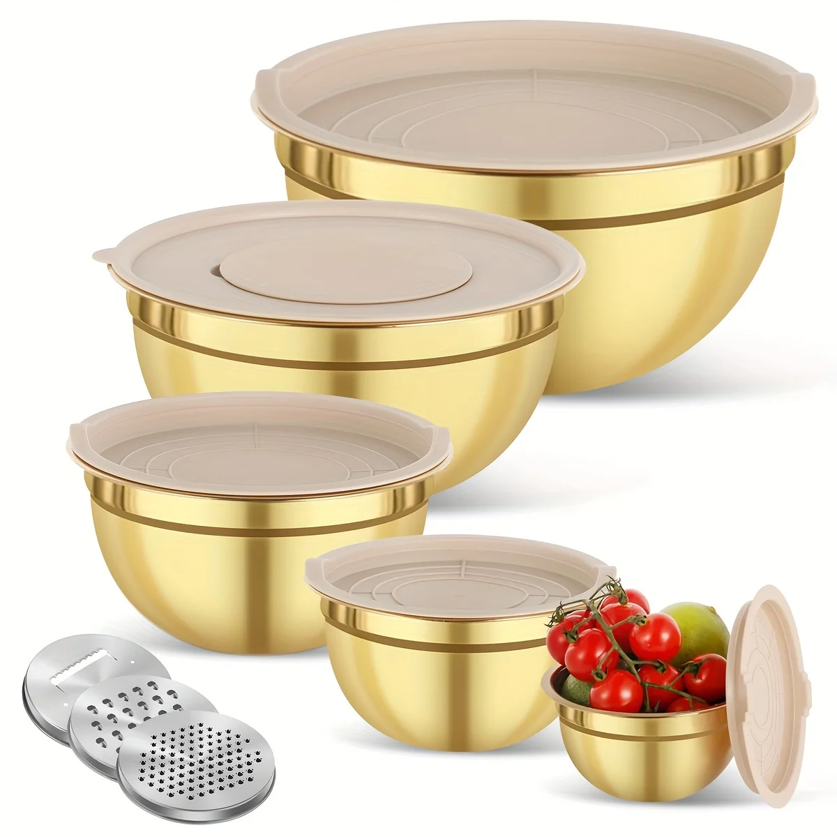 뚜껑과 샤프너가 포함된 10피스 골드 스테인리스 스틸  - Kitchen Baking Bowls 리뷰 및 가격