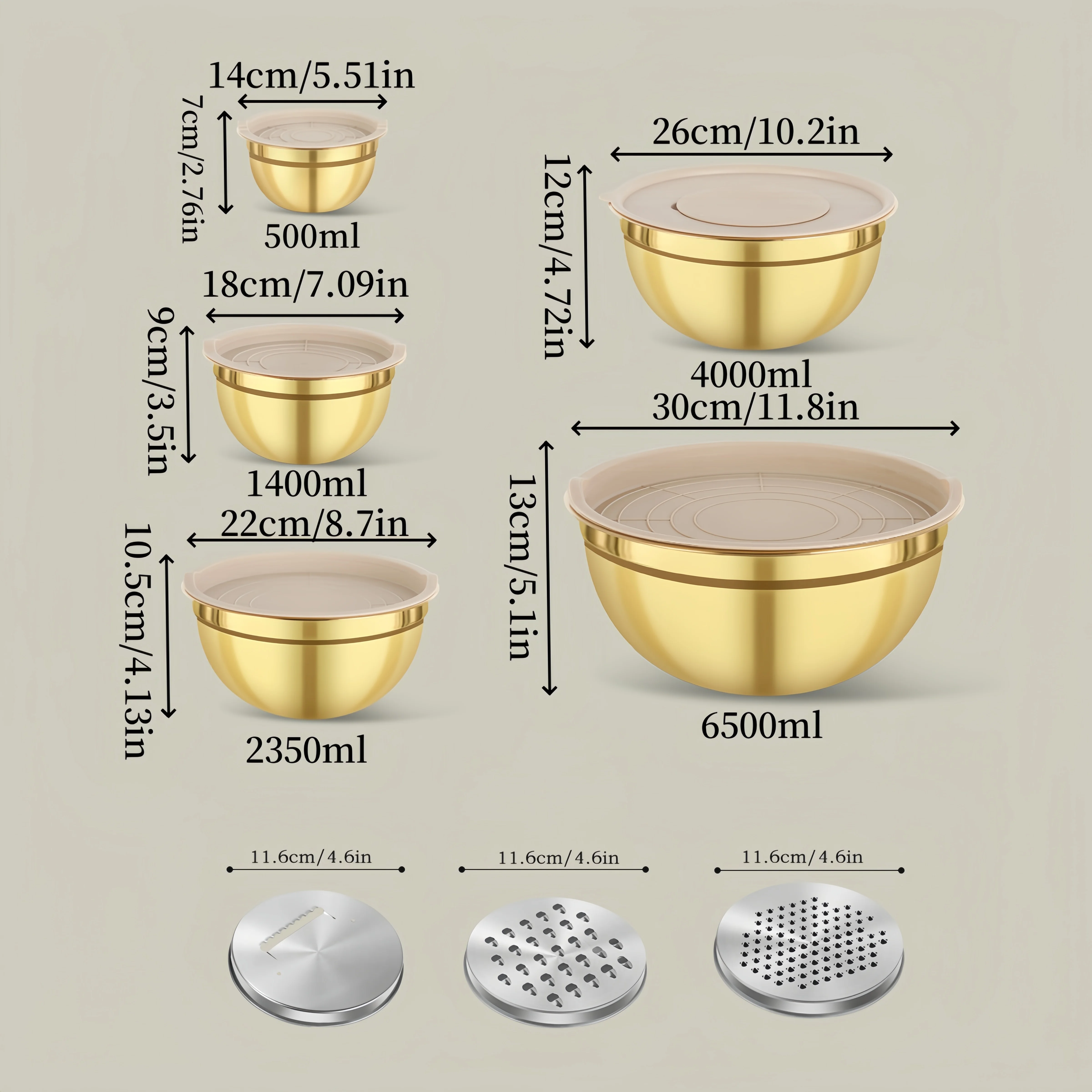 뚜껑과 샤프너가 포함된 10피스 골드 스테인리스 스틸  - Kitchen Baking Bowls 리뷰 및 가격