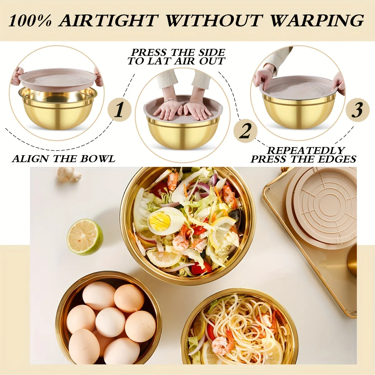 뚜껑과 샤프너가 포함된 10피스 골드 스테인리스 스틸  - Kitchen Baking Bowls 리뷰 및 가격